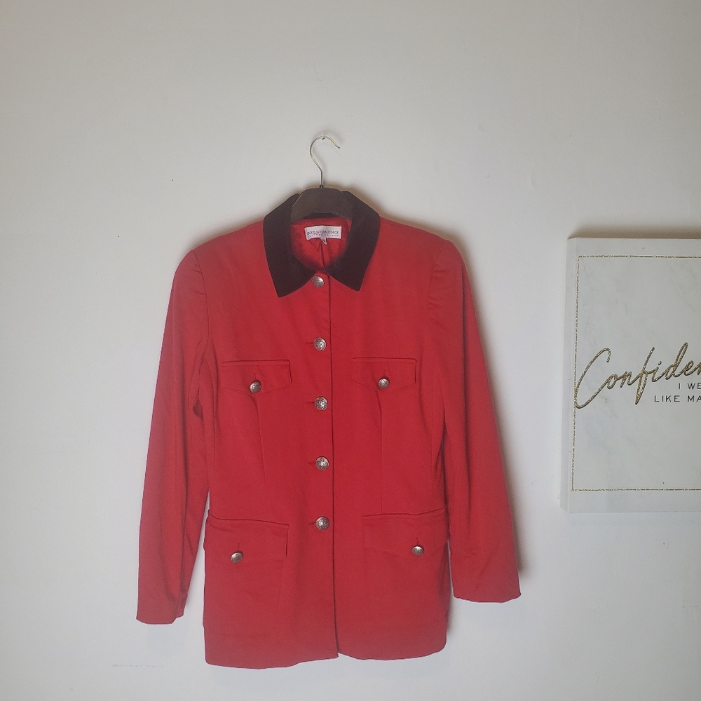Red with black collar military style blazer jacket
